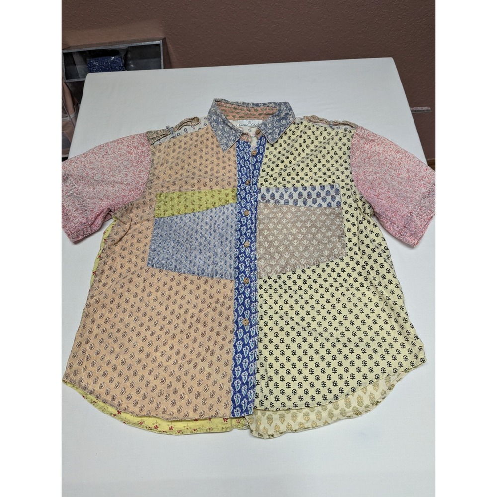 Vintage Sacred Threads Patchwork Block Print Cotton Button Down Shirt Large
